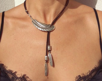 Feather Necklace for Women, Lariat Women Necklace, Silver Feather Necklace, Feather Jewelry, Feather Choker, Boho Jewelry, Boho Necklace