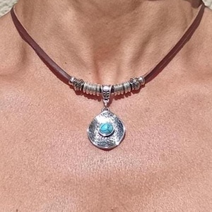 Leather Necklace for women with turquoise stone, Turquoise Pendant Necklace for Women, Boho Jewelry for Women, Bohemian Jewelry, EndiaSoul