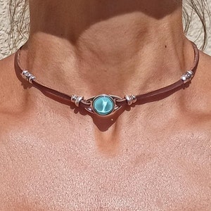 Gargantilla con estilo para mujer, gargantilla turquesa, gargantilla de cuero, gargantilla bohemia, collar turquesa, collar bohemio, joyería bohemia