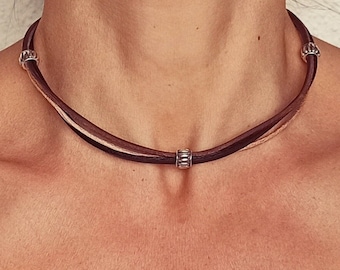 Leren ketting voor vrouwen, ketting met zilveren kralen, alledaagse ketting, unieke ketting, boho-sieraden, boho-ketting, boho-sieraden