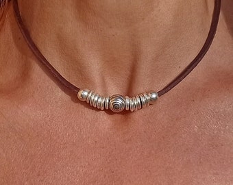Silber Choker für Frauen, Leder Halskette für Frauen, Silber Perlen Halskette, Silber Perlen Choker, Boho Schmuck, Boho Schmuck, Endia