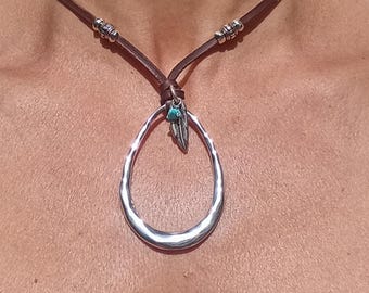 Silver Ring Necklace for Women, Leather Necklace Women, Statement Necklace, Boho Necklace, Bohemian Necklace, Boho Jewelry, Fashion Jewelry