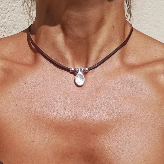 Everyday Leather Necklace for with Swarovski Pendant, Minimalist Silver Jewelry, Boho Chic Style