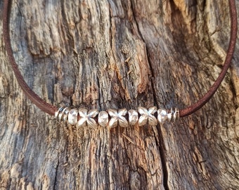 Minimalist Leather Necklace for Women, Boho Everyday Necklace, Silver Beaded Jewelry, Handmade Simple Necklace Gift