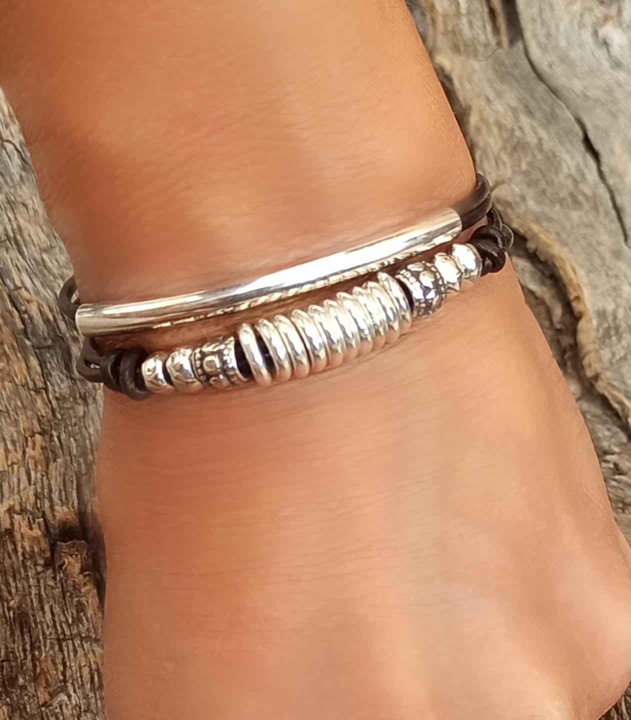 Leather Layered Bracelet for Women, Boho Bracelet Handmade, Boho Jewelry for Women, Leather Bracelet, Silver Beaded Bracelet, Wrap Bracelet