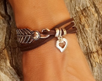 Heart bracelet for women gift, silver bracelet cuff boho, leather bracelet with heart, valentine bracelet heart, women bracelet silver