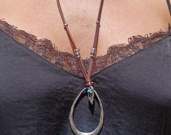 Long Leather Necklace, Silver Ring Necklace Women, Long Necklace, Boho Necklace, Boho Jewelry, Silver Fashion Jewelry, Statement Necklace