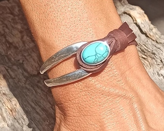 Leather Bracelet for Women, Turquoise Bracelet, Silver half Bracelet, Silver Bracelet, Boho Bracelet, Women Bracelet, Gemstone Bracelet