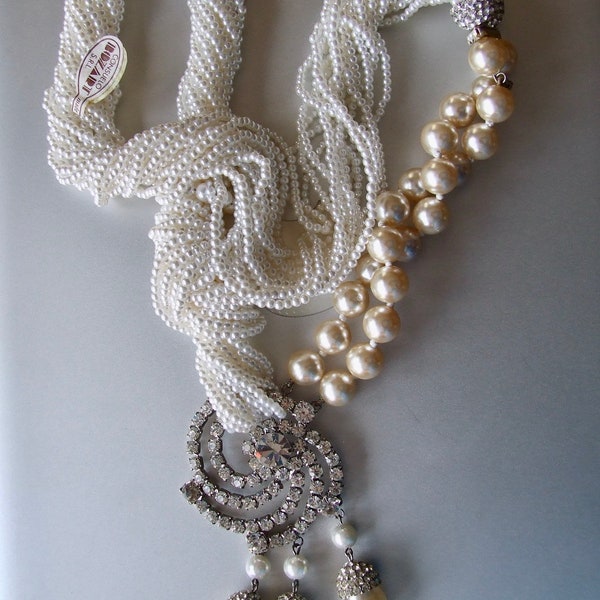 Vintage Multi Strand Long Pearl and Paste Stone Necklace By "BOZART" Italy One Of A Kind