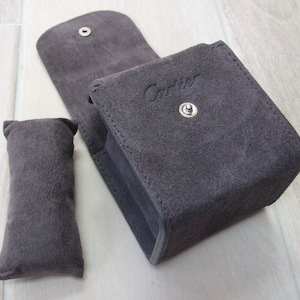 Cartier Suede Leather Ring Box and Cushion Grey Very Good Condition
