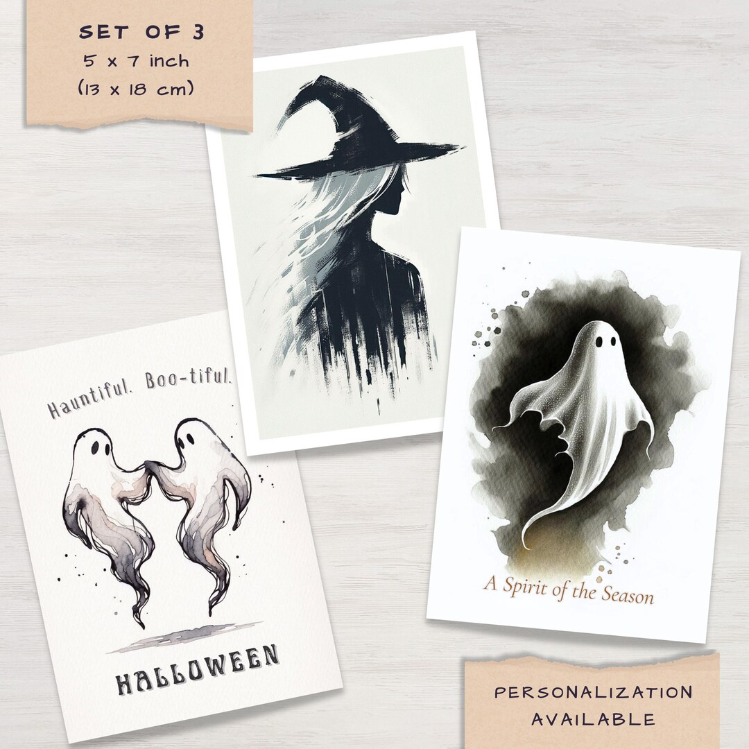 Halloween Card Set of 3 – Ghosts & Witch Watercolor Greeting Cards Pack ...