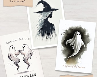 Halloween Card Set of 3 – Ghosts & Witch Watercolor Greeting Cards Pack
