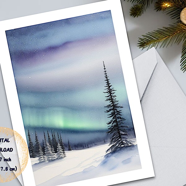 DIGITAL Christmas Greeting Card | Happy Holidays Card | Merry Christmas Cards | Printable Holiday Greeting Card | Northern Lights Card