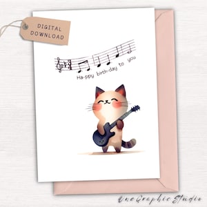 Carte d'anniversaire personne chat - carte d'anniversaire pour amoureux des chats - carte d'anniversaire pour amoureux des chats - chaton jouant de la guitare - numérique - carte imprimable chat