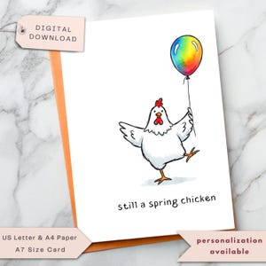 Carte d'anniversaire drôle, amusante carte d'anniversaire de poulet printanier, carte d'anniversaire jeune de coeur, carte d'anniversaire bande dessinée imprimable, cadeau d'anniversaire fantaisiste