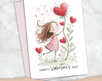 Valentine’s Day Card – Girl with Heart Flowers – Personalized for Galentine, Daughter, Granddaughter, Niece, Wife