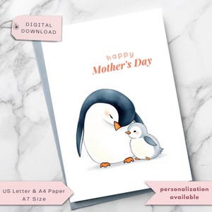 Muttertagskarte, entzückende Mama und Baby Pinguin Karte von Sohn, Tochter, personalisiertes Muttertagsgeschenk, druckbare digitale Sofort-Download