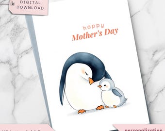Mother&#39;s Day Card, Adorable Mom and Baby Penguin Card from Son, Daughter, Personalized Mother’s Day Gift, Printable Digital Instant Download