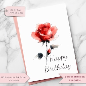Tarjeta de cumpleaños con rosa roja para madre, abuela, hija, esposa, tía o amiga. Regalo de cumpleaños personalizado. Descarga digital. Tarjeta imprimible.