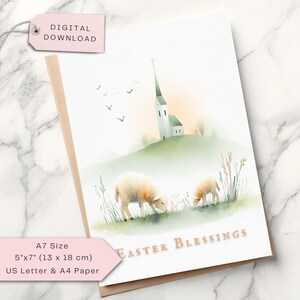 Biglietto di benedizioni pasquali cristiane - Chiesa e agnelli acquerellati - Biglietto dell'Agnello di Dio - Biglietto di auguri religioso per la Pasqua - Download stampabile DIGITALE