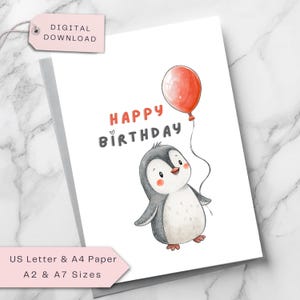 Niedliche Pinguin Geburtstagskarte - Tier Geburtstagskarte für Kinder, Baby, Kleinkind, Teen, Enkel/Enkelin, Nichte/Neffe - Printable Download