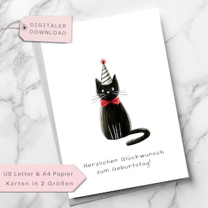 Lustige Katzen-Geburtstagskarte – Digitale Grußkarte mit schwarzer Katze – Süße Party-Katze – Perfekt für Katzenliebhaber – Sofort Download
