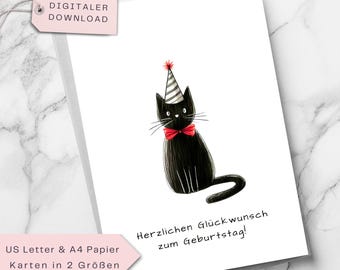 Lustige Katzen-Geburtstagskarte – Digitale Grußkarte mit schwarzer Katze – Süße Party-Katze – Perfekt für Katzenliebhaber – Sofort Download