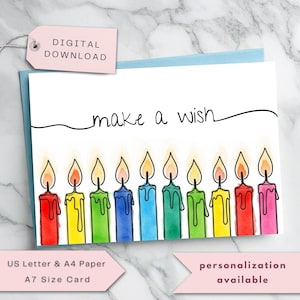 Geburtstagskarte mit bunten Kerzen zum Ausdrucken | "Geburtstagskarte ""Make a Wish"" | Sofort Download Grußkarte | Digitales Geburtstagsgeschenk