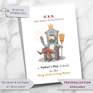 Grappige Vaderdagkaart, koning van de vader van de afstandsbediening, humoristische kaart voor vader, echtgenoot, grootvader, oom, broer, afdrukbaar digitaal