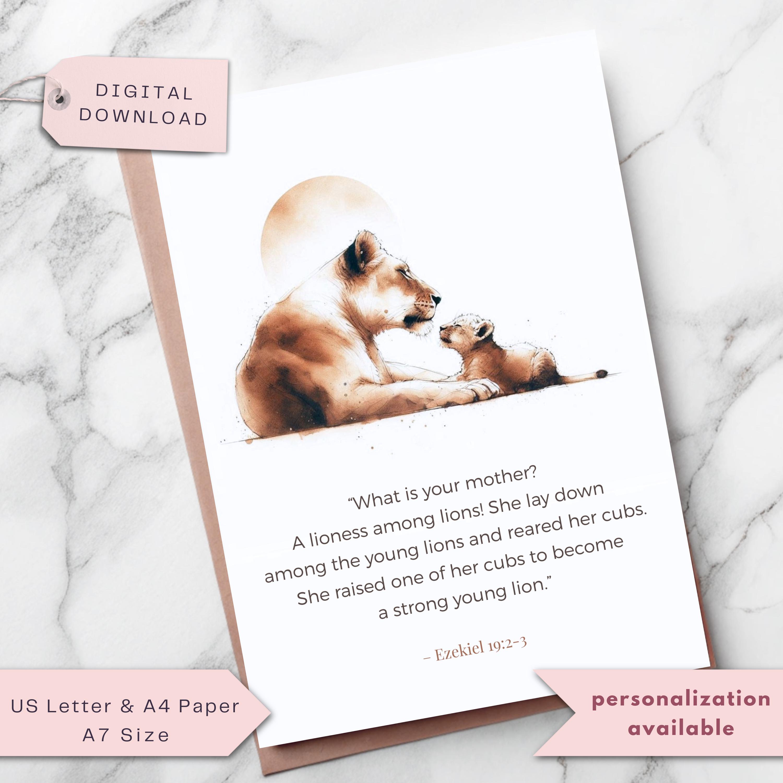 Christian Mother's Day Card, Lioness and Cub Bible Verse, Ezekiel 19:2-3 Scripture Art, Religious Mom Card, Printable Digital Download