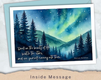 Inspirational Northern Lights Forest Card – Aurora Borealis Marcus Aurelius Quote – Stoic Wisdom, Motivational, Graduation