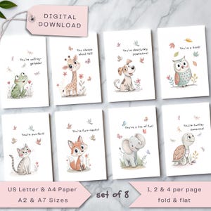 Jeu de cartes animaux pour enfants, lot de 8, lot d'animaux mignons, baby shower, notes de boîte à lunch, anniversaire, enseignant, salle de classe, cadeaux, impression numérique