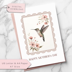 Cartão de Dia das Mães | Cartão de aquarela com beija-flor e flores para mãe, madrasta, avó e sogra | Download instantâneo | Digital, para impressão