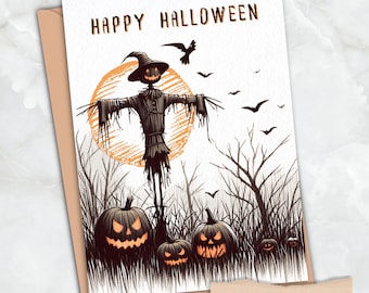 Halloween Scarecrow Pumpkins Card – Jack O’Lantern Bats Moon Spooky Gothic Party Favors, Trick-or-treat