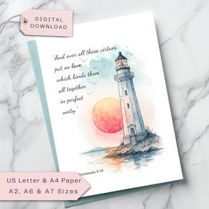 Christliche Liebeskarte, Bibel-Vers, religiöse Mitteilung, Leuchtturm-Sonnenaufgang, Glaube Jahrestag, Geburtstag, Hochzeit, Ermutigung, digital druckbar