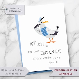 Nautische Vaderdagkaart, Captain Dad Card, grappige groetende meeuw DIY cadeau voor matroos vader van zoon, dochter, afdrukbare digitale download