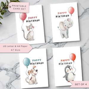 Ensemble de cartes d'anniversaire animaux - lot de 4 cartes d'anniversaire mignonnes - lot de cartes de voeux chat, chien, éléphant, pingouin - carte numérique, téléchargement imprimable
