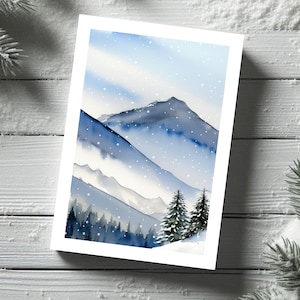 Cartão de inverno, paisagem de montanha com árvores nevadas, cartão de visita, aquarela de inverno, Natal, ano novo, aniversário, obrigado, impressão digital