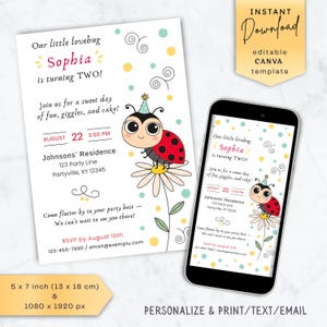 Ladybug Birthday Invitation Template | Cute Lovebug Party Invite for Kids | Garden Theme Editable Canva Digital Invite | Instant Download
