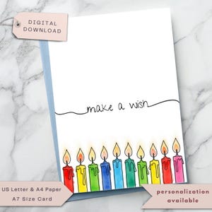 Geburtstagskarte mit bunten Kerzen zum Ausdrucken | "Geburtstagskarte ""Make a Wish"" | Sofort Download Grußkarte | Digitales Geburtstagsgeschenk