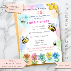 Printable Kids Birthday Invitation, Cute Honey Bee Party Invite for Children, Editable Birthday Party Invitation, Instant Download Template