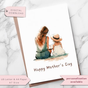 Cartão para impressão de Dia das Mães, Ilustração de mãe e filha em aquarela, Download instantâneo, Presente de Dia das Mães da filha, Cartão de felicitações faça você mesmo