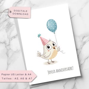 Carte d’anniversaire oiseau - Carte drôle à imprimer - Animaux mignons pour enfants, amis, amoureux des oiseaux - Téléchargement instantané