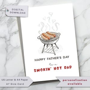 Carte de fête des pères, carte de papa fumant, carte de barbecue de hot-dog drôle, carte de jeu de mots grill pour papa, mari, grand-père, oncle, frère, numérique imprimable