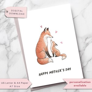 Carte de fête des mères avec de mignons renards, maman et bébé renard carte de fils ou fille, cadeau personnalisé de fête des mères, téléchargement numérique imprimable