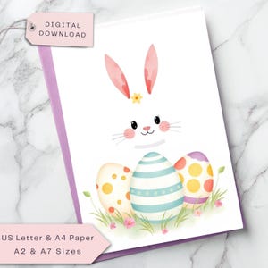 Osterhasen Karte - Niedliche Frohe Ostern Karte mit Pastell Eiern - Sofort Download - Digitale Oster Karte - Ostereinladung zum Ausdrucken