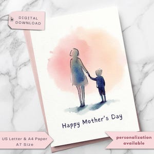 Muttertagskarte, minimalistisches Aquarell Mutter und Kind Silhouette, personalisiertes Muttertagsgeschenk von Sohn oder Tochter, digital, druckbar