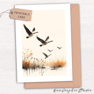 Carte de paysage de lac d'automne - automne volant Bernache du Canada - anniversaire, merci, action de grâces - voeux aquarelle d'automne - imprimable numérique