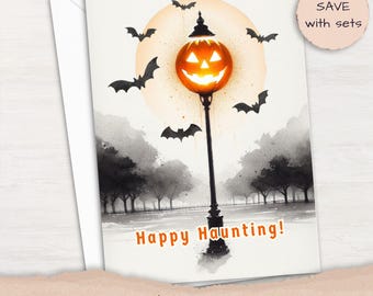 Spooky Halloween Watercolor Card – Jack O'Lantern Lamp Post, Bats – Gothic Art Trick-or-treat, Party Invite