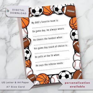 Cartão de esportes para o Dia dos Pais, cartão divertido para preencher lacunas para o Dia dos Pais, atividade de sala de aula DIY para o Dia dos Pais para crianças, impressão digital